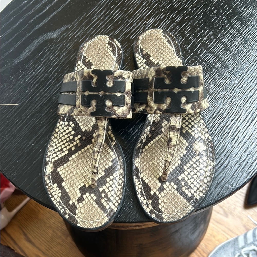 Tory Burch Beige and Black Snake Print Sandals